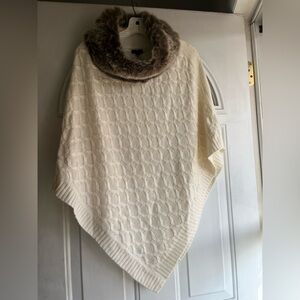 Talbots Cream Poncho with Faux Fur Trim